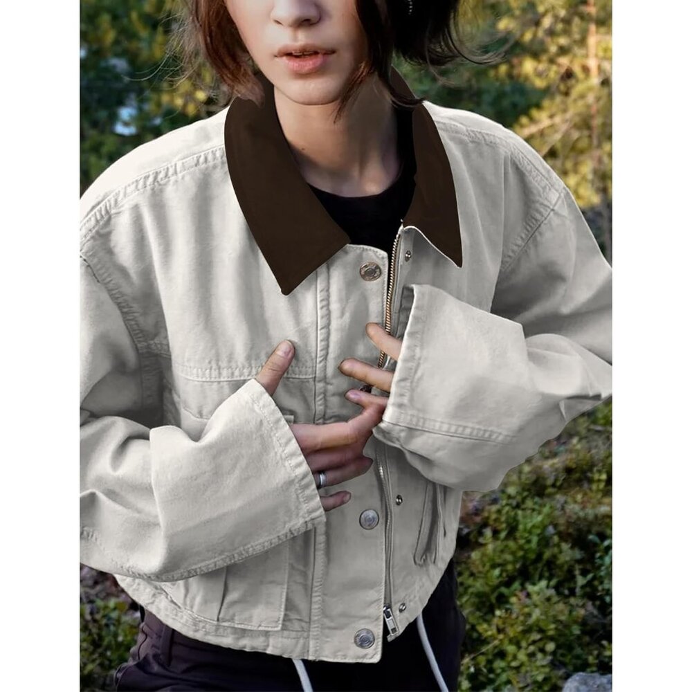 Women's Cream Cropped Contrast Collar Utility Coat Cargo Jacket Imported - Picture 3 of 6